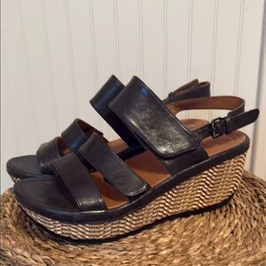 Bussola Black Leather Slingback Woven Wedge Sandals Womens Size 41